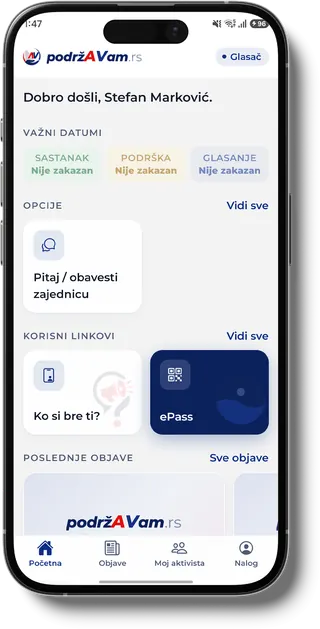 Почетни екран апликације: пријава проблема, дан гласања, дан окупљања и последње објаве