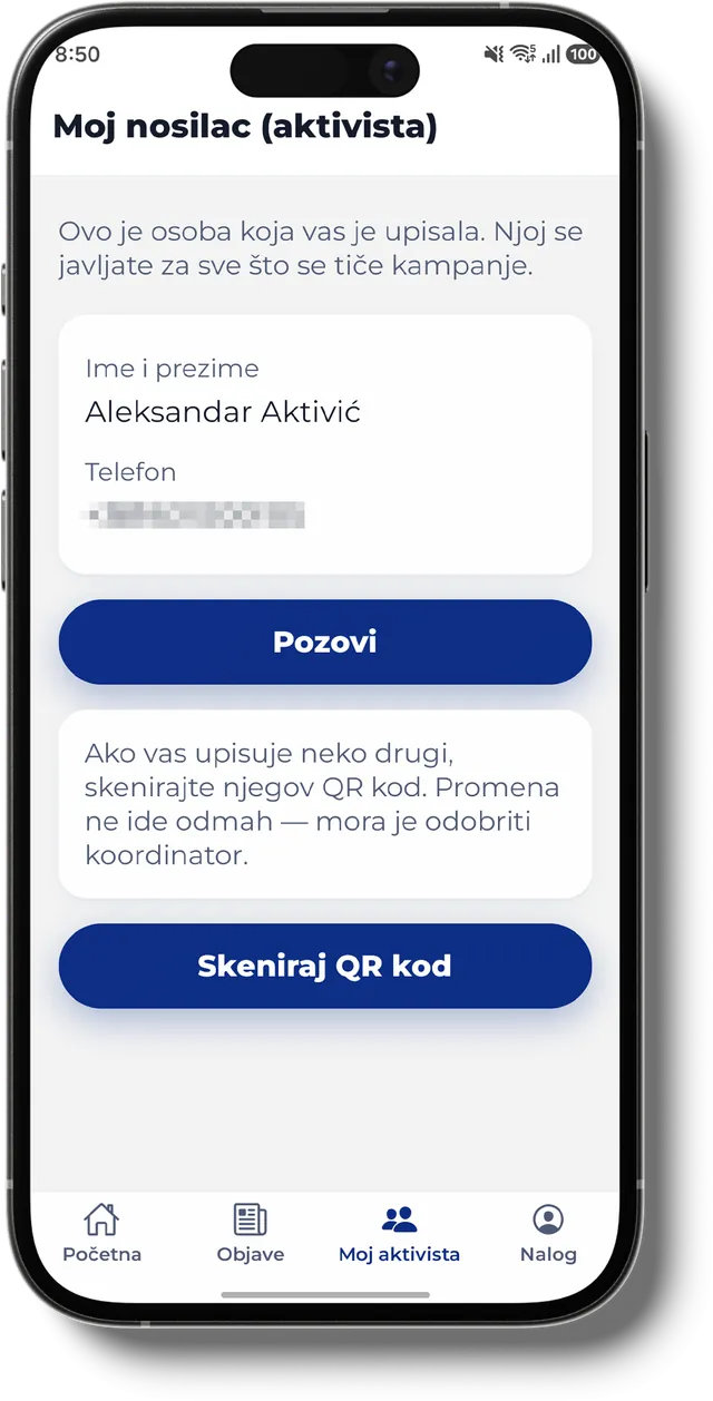 Екран са именом и телефоном активисте, дугметом Позови и дугметом Скенирај QR код