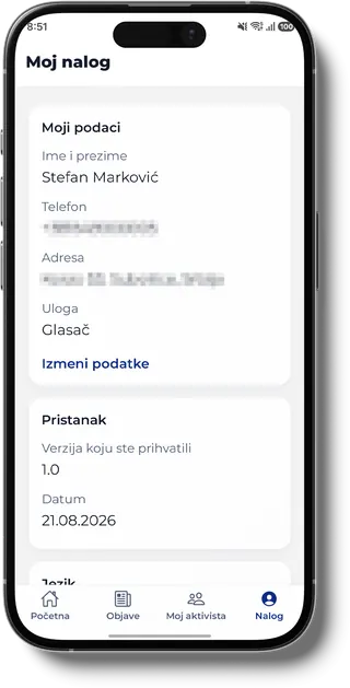 Екран налога са именом, телефоном, адресом, улогом и прихваћеном верзијом пристанка