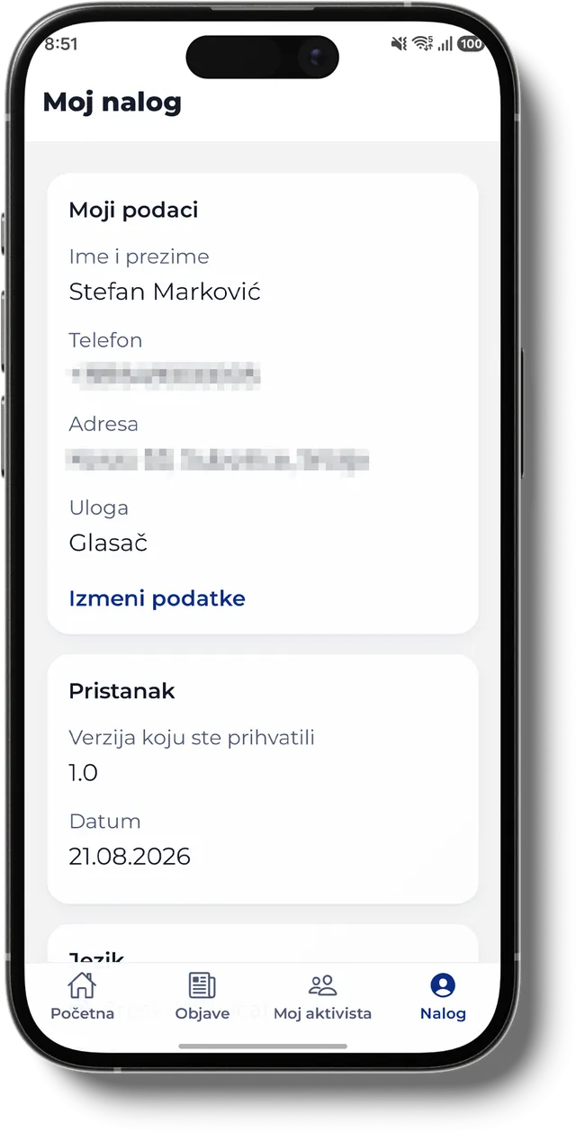 Екран налога са именом, телефоном, адресом, улогом и прихваћеном верзијом пристанка